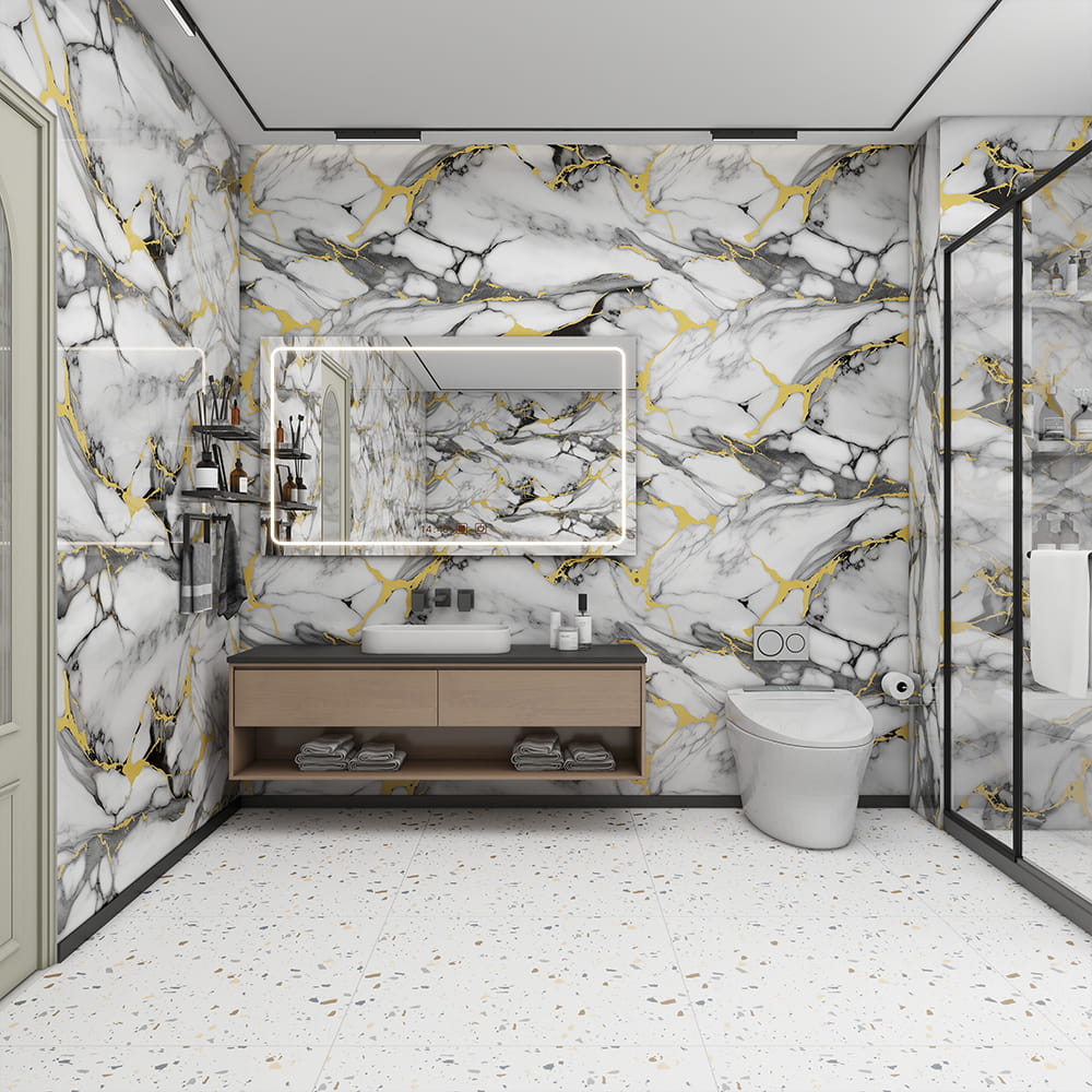 Modern Yüksek Parlak Mermer Duvar Kağıdı Rulo PVC Kendinden Yapışkanlı Su Geçirmez İç Ev Dekorasyon Mermer Levha Etiket